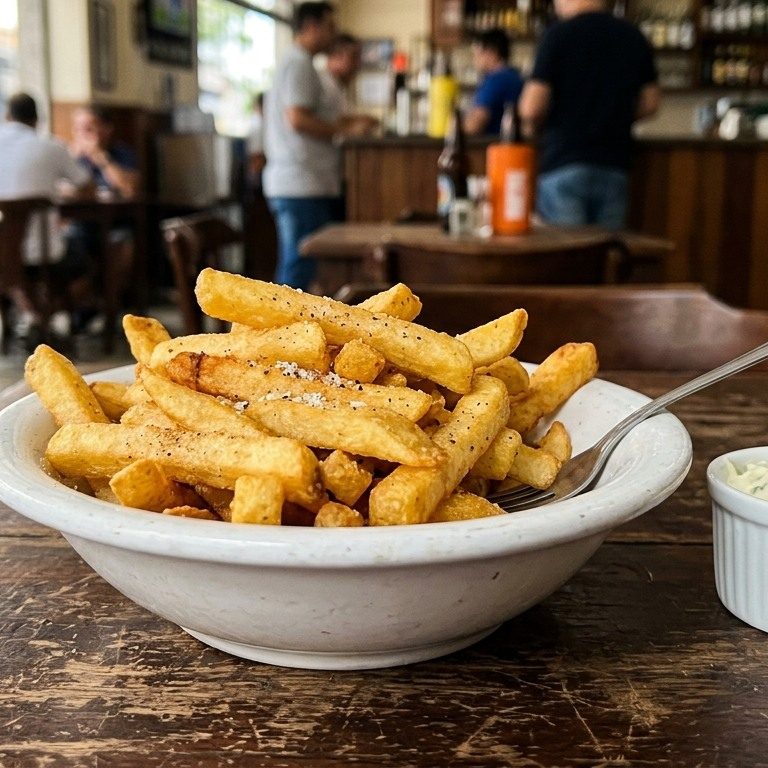 Porção de batata frita dourada e crocante