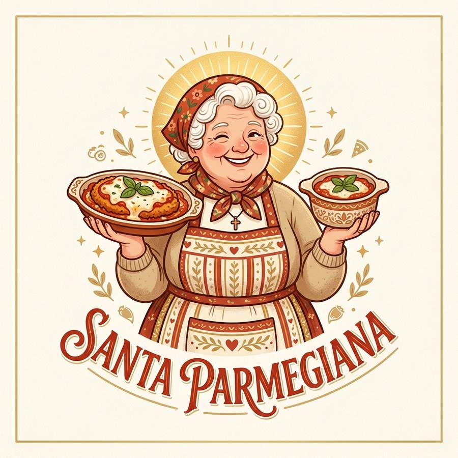 Retrato ilustrado da vó Tidi sorrindo, de lenço no cabelo, segurando duas travessas de parmegiana