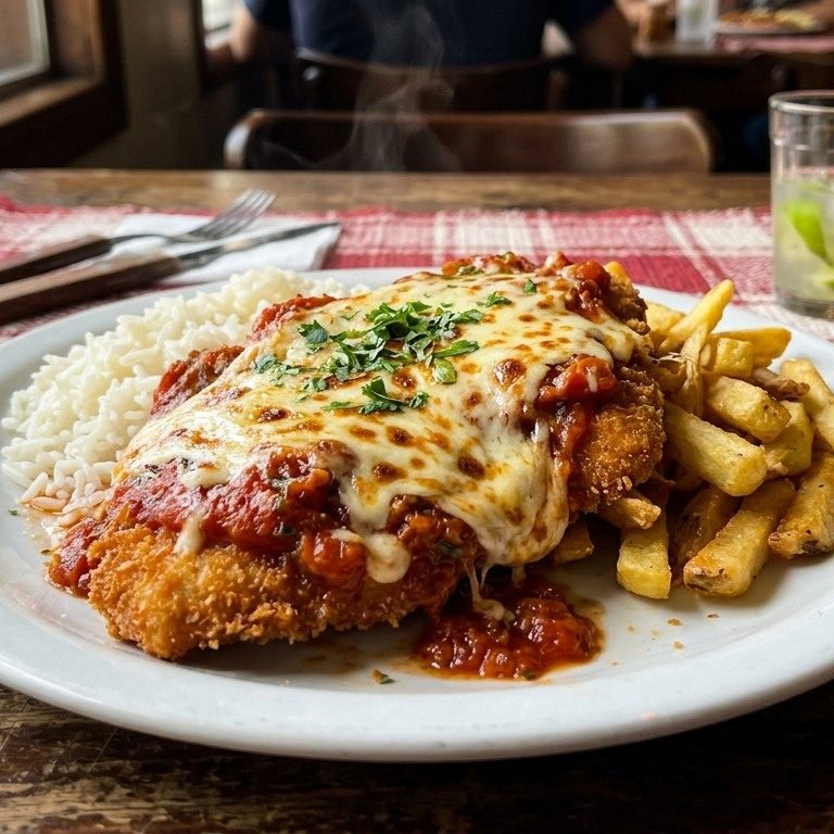 Parmegiana de frango da Santa Parmegiana: filé empanado coberto de molho de tomate e muçarela gratinada, com arroz e batata frita